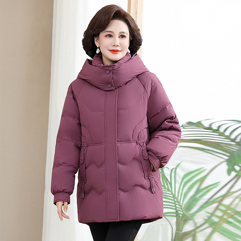 New National Standard Middle-Aged Mother's down Jacket Mid-Length Casual Thickeneded Warm 90 White Duck down Women's Hooded Jacket