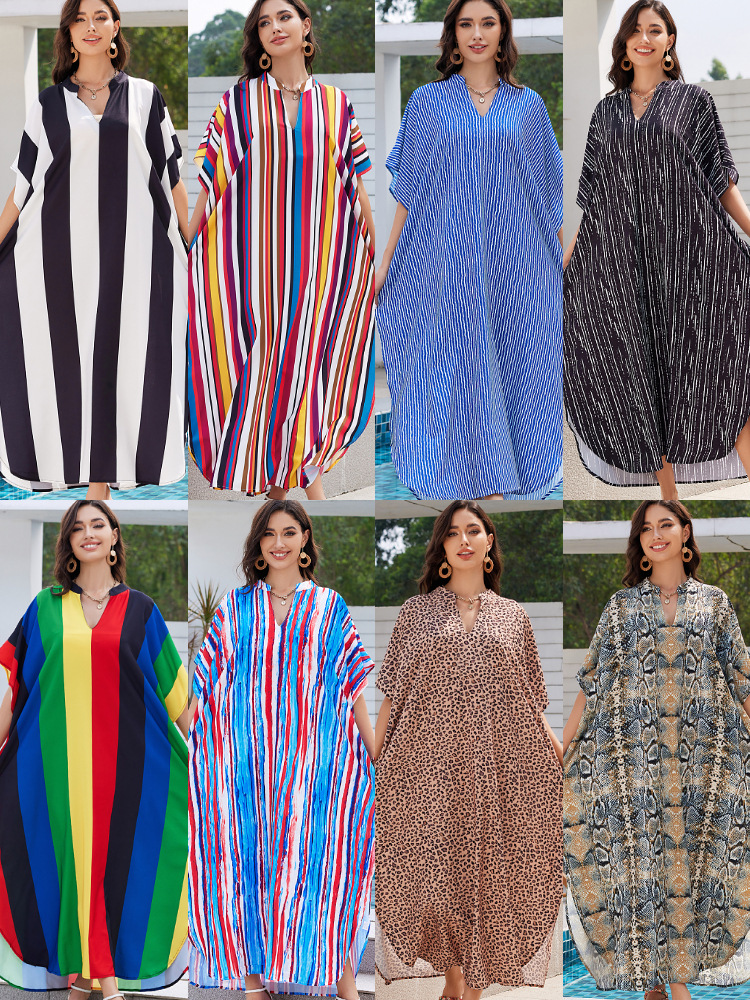 2025 nueva camiseta de playa estriada impresa gran túnica de vacaciones camiseta protector solar bikini trajes de baño 1001