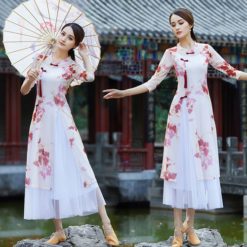 Square dance clothing new suit Chinese classical style ethnic dance practice clothes women's gauze and elegant cheongsam