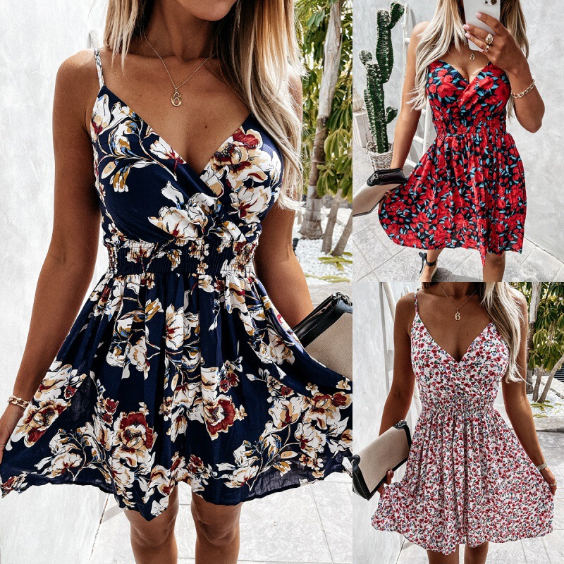 European and American Style New Mid-length V Neck Summer Xiao Zouju Casual Gathered Backless Women's Suspender Short Dress