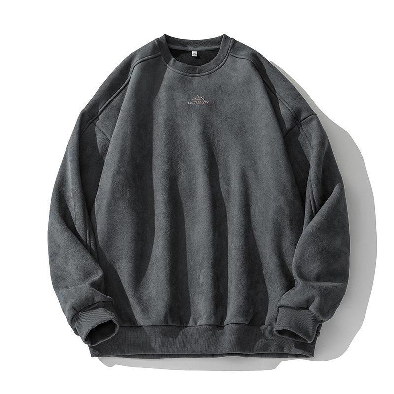 Męska bluza zamszowo-polarowa z okrągłym dekoltem, oversize'owy top typu streetwear z podzielonym panelem i haftowanym napisem_voghion.com