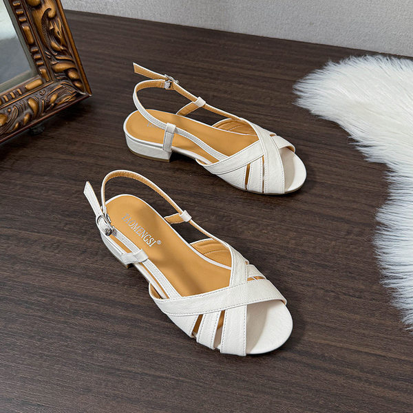 Giày sandal nữ kiểu La Mã quai ngang bít mũi, gót thô 3 cm — Màu trắng ngà