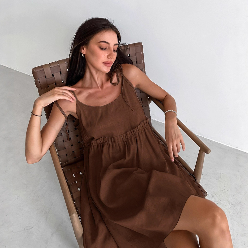 Cross-border 2024 Summer New European and American Sexy Spice Sling dress Salt Pullover Loose Cotton and Linen A- line Skirt