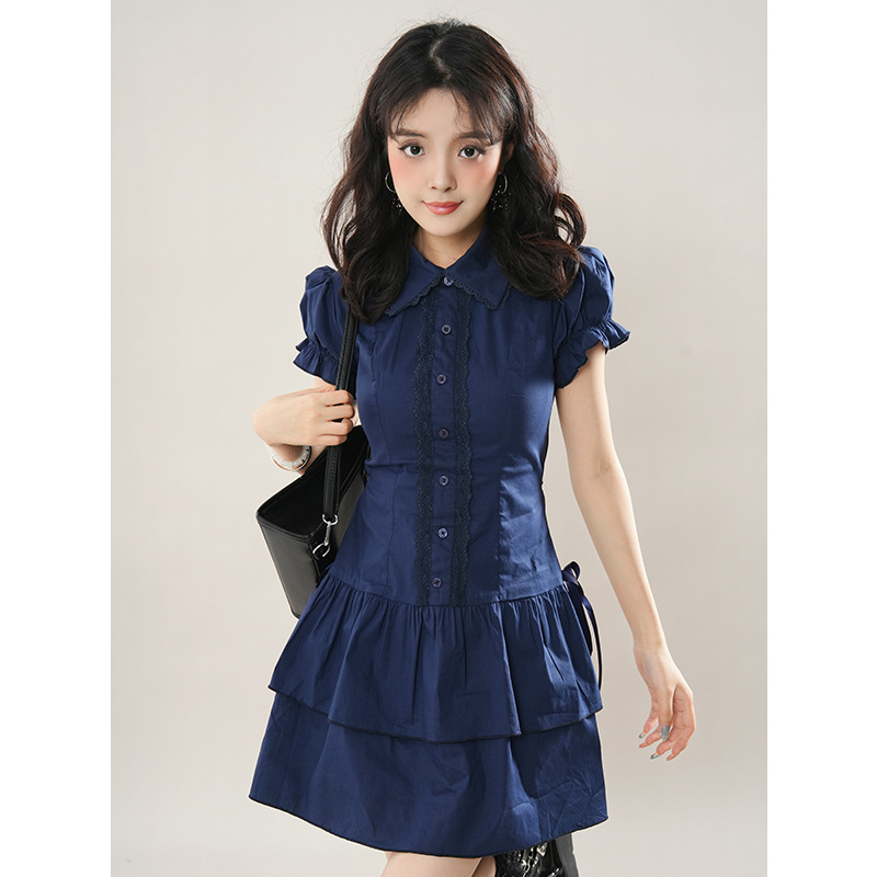 In-Stock Vintage Retro Outfit with Lace Trim, College-Style Patchwork Retro Shirt Dress, Vintage-Style Short Skirt