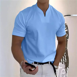 2025 New Summer Muscular Men's Fitness Sports T-Shirt Men's Elastic Cotton Short-Sleeved Summer V Neck T-Shirt