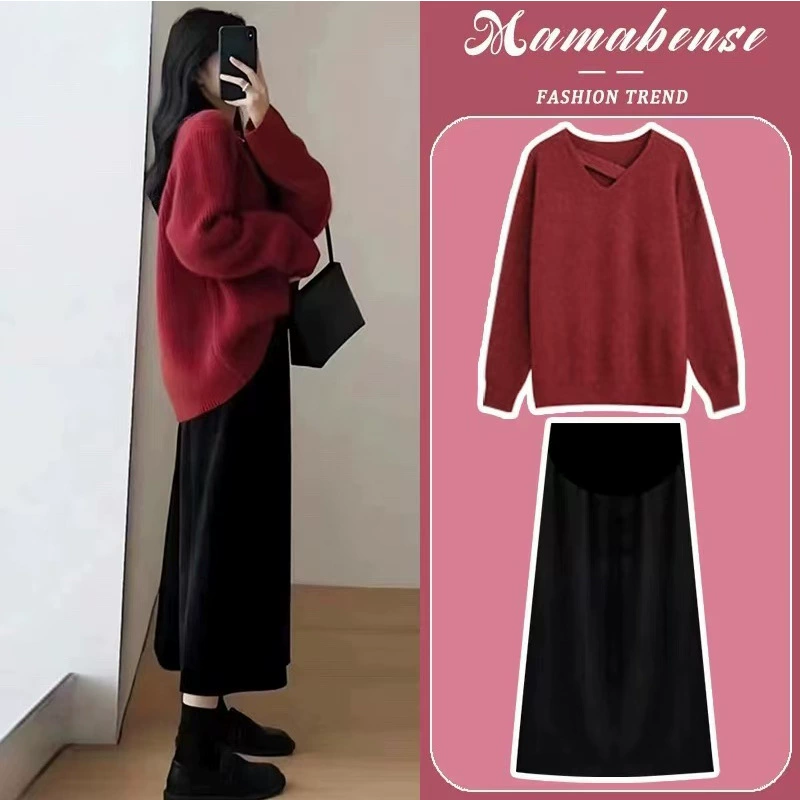 Большое количество готовых запасов ~~ Костюм для беременных Новогодний красный трикотажный свитер + юбка комплект из двух предметов весна-осень