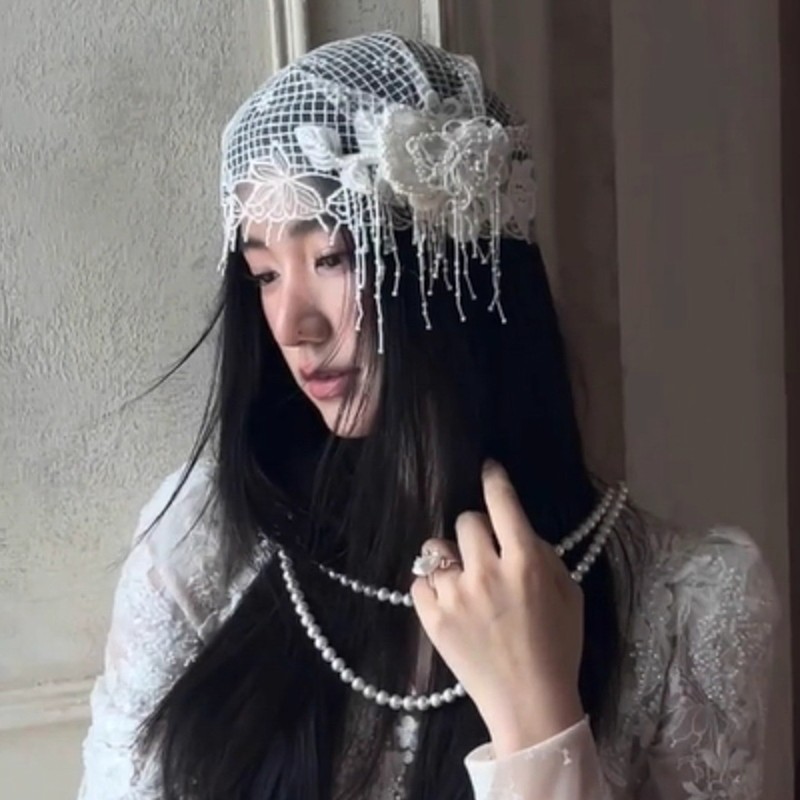 新款新娘头饰法式复古蕾丝帽仿珍珠花朵流苏发饰高级婚礼礼服配饰|undefined