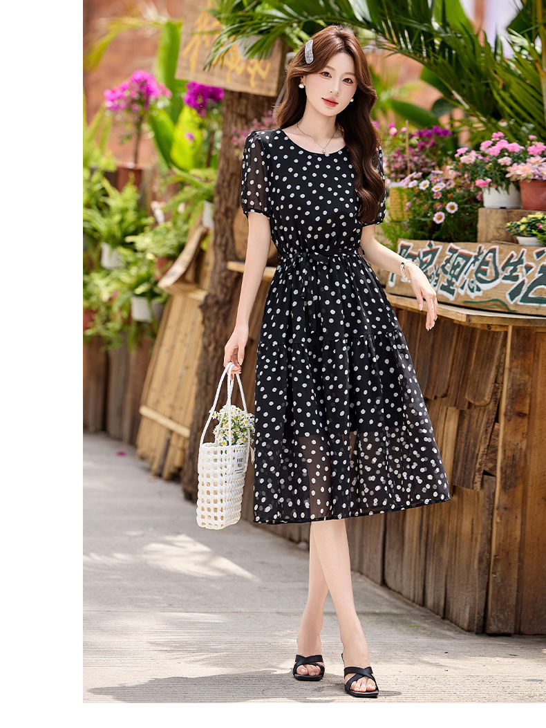 Đầm maxi nữ thắt eo chấm bi tay ngắn phong cách thời trang — màu đen, màu trắng chi tiết 10