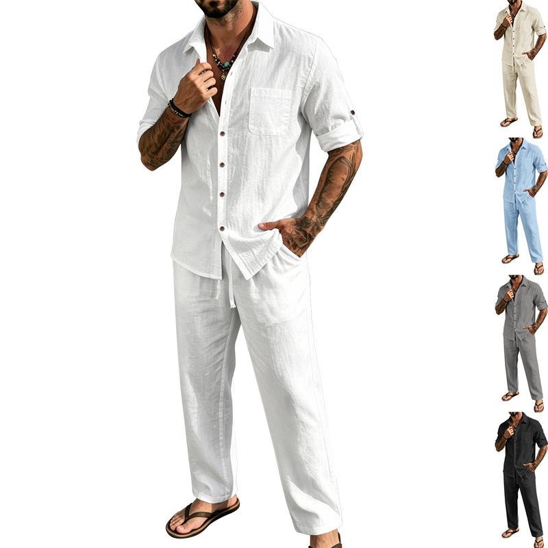 Amazon's New Spring Men's Casual Vacation Linen Single-Breasted Lapel Long-Sleeved Shirt Straight-Leg Pants Suit