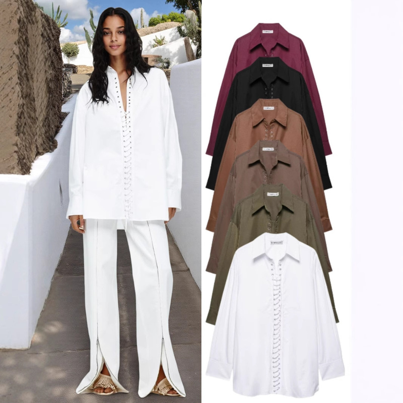 2025 Spring and Summer New European and American Style Women's Fashion Casual Versatile Pure Color Lapel Long-Sleeved Front Lace-Up Shirt