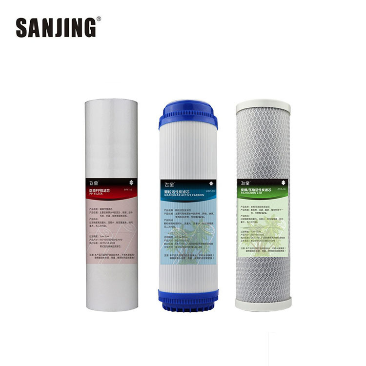 10 pulgadas de frente de tres niveles de algodón PP traje de núcleo de carbón activado purificador de agua filtro universal filtro pre-cerámica filtro