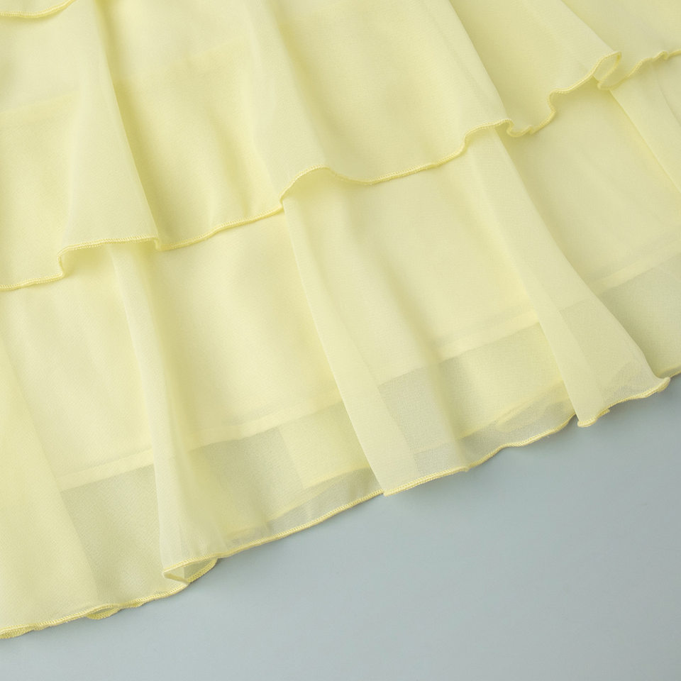 Đầm ngắn cổ yếm chữ V, tay không, xếp tầng bèo nhún, đính hoa 3D — Màu hồng, Màu trắng, Xanh lá cây, màu vàng chi tiết 9