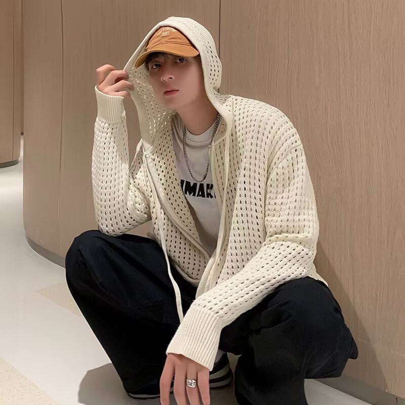 2025 New Style Cut Out Knitwear Men's Design Cardigan Knitwear Loose Hong Kong Style Bf Trendyy Personalized Hooded Top 2025 New Style Cut Out Knitwear Men's Design Cardigan Knitwear Loose Hong Kong Style Bf Trendyy Personalized Hooded Top
