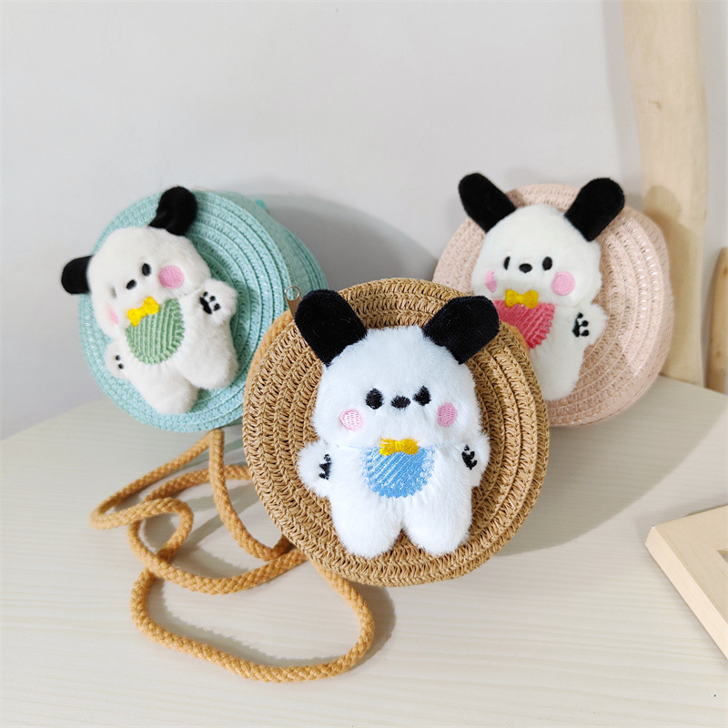 Verano de los niños de paja lindo babero cachorro crossbody pequeño bolso redondo niños y niñas al aire libre ligero dibujos animados tejida BOLSA DE PAJA