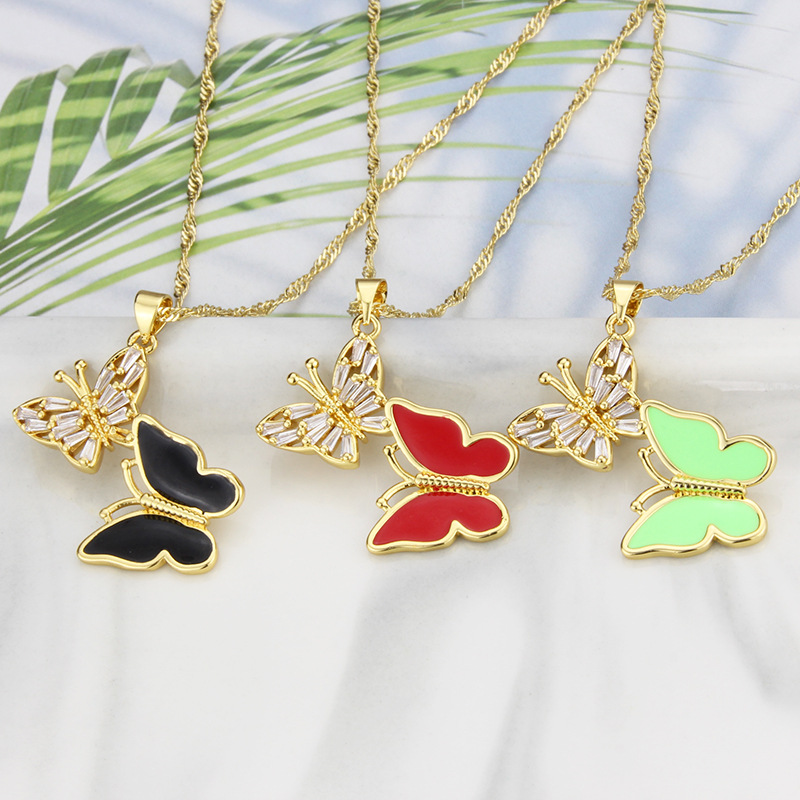 fashion color acrylic copper two butterfly pendant necklace