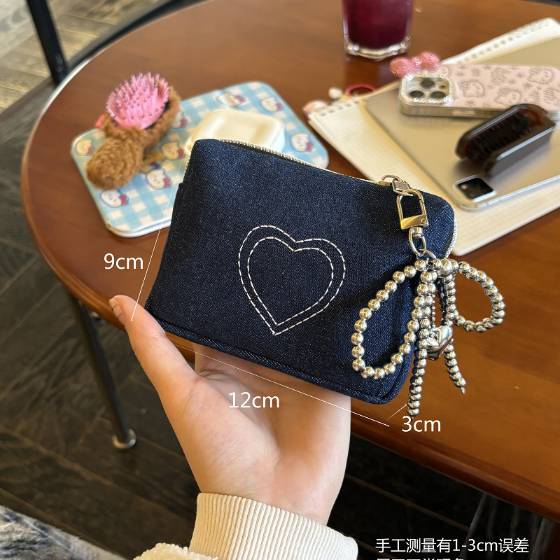 Casual Denim Heart Embroidered Card Holder, Id Bag, Headphone Bag, Coin Purse, Lipstick Bag, Portable Small Bag, Stain-Resistant F2