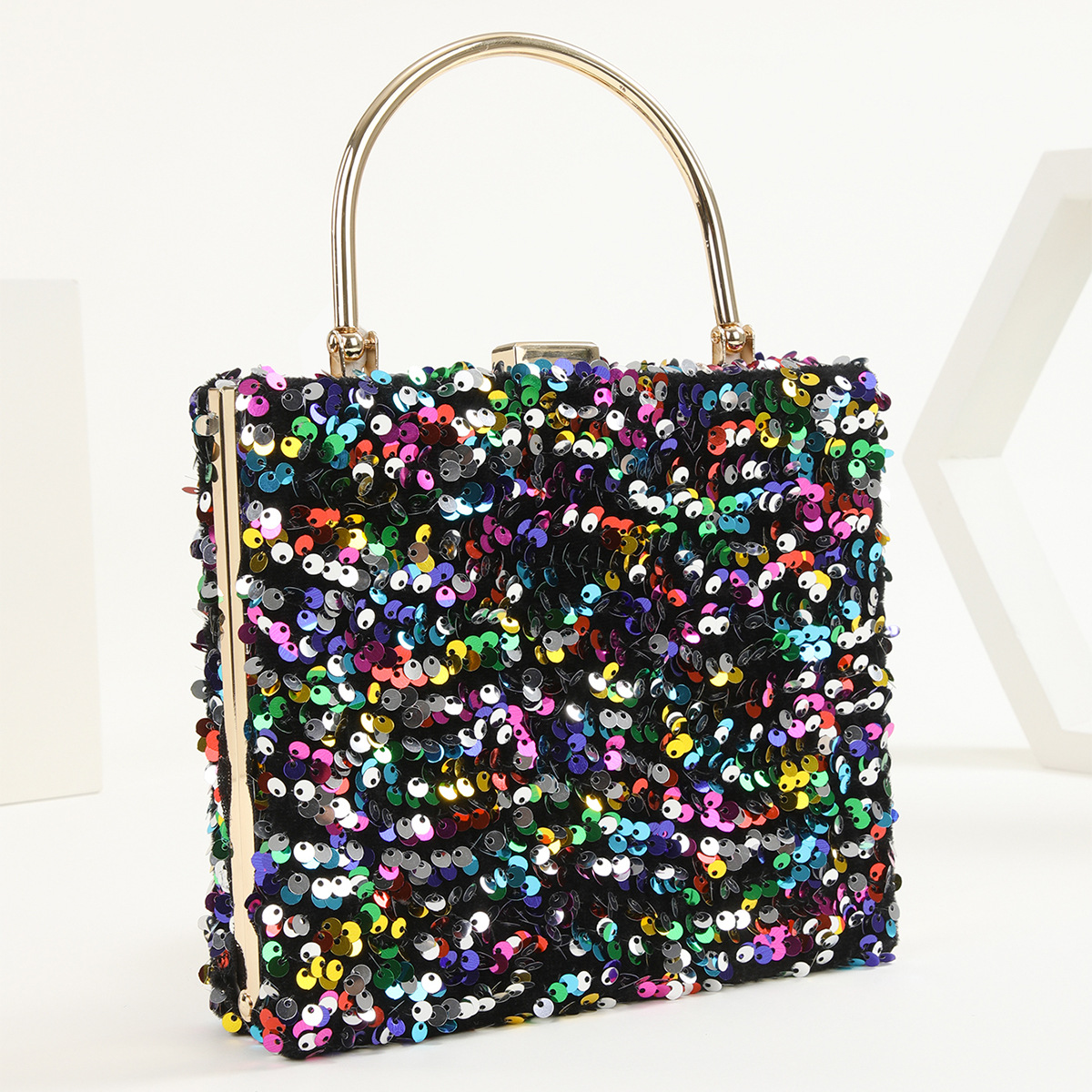 553g Weight Polyester Lining Material Sequins Fashion Element Lock clasp Closure Type Top Handle Strap Type Evening Bag Bags Type Black Colour Gold Polyester Solid Color Sequins Square Evening Bags