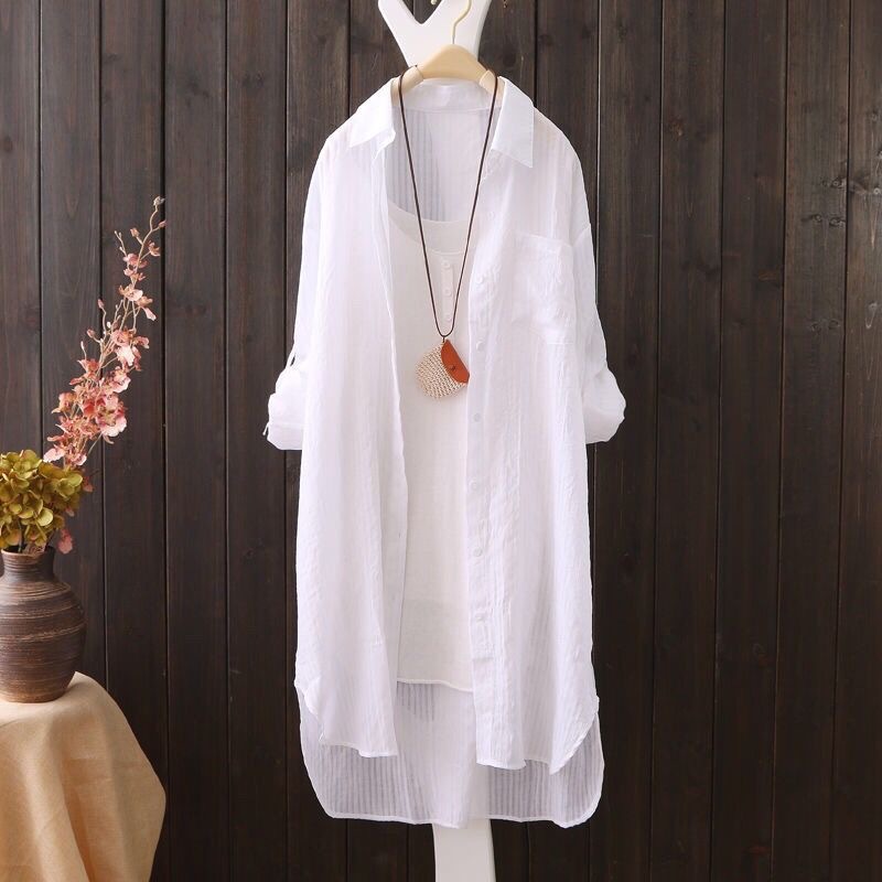 Summer Shirt Sun Protection Clothing for Women, Mid-Length, Long-Sleeved, Loose-Fitting, Korean Style, Student Casual Sun Protection Thin Coat Shirt for Women