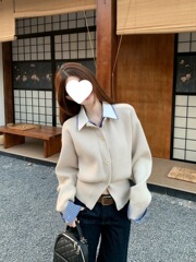 Z5H假两件衬衫领针织衫毛衣女2025年穿春秋新款显瘦撞色内搭收腰