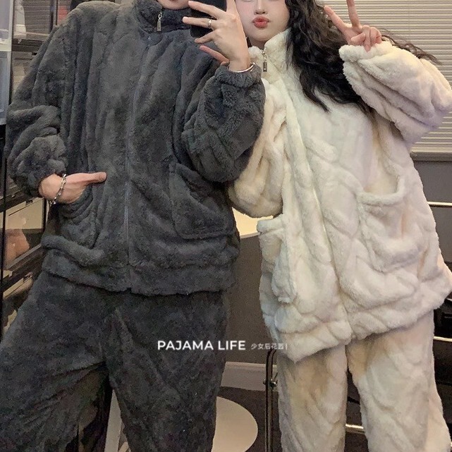 Couple Pajamas Women's Winter Thickened Coral Fleece Men's Simple plus size Home Clothes Warm suit Winter Outer Wear