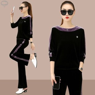 2023 gold velvet suit women's Spring and Autumn New Fashion long sleeve slimming sweater casual sportswear