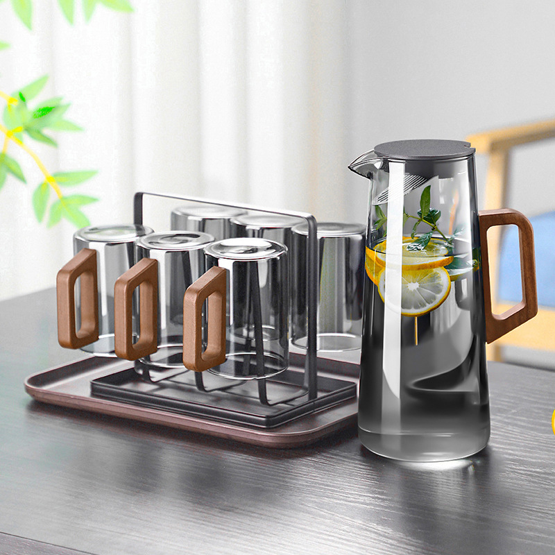 Taza de té de vidrio con mango de madera transfronterizo, resistente a altas temperaturas, juego de tazas para sala de estar, juego de tazas de agua para el hogar, hervidor de agua para hospitalidad.