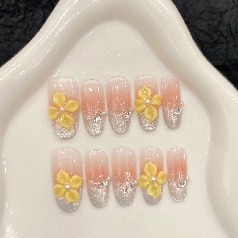 Yihe Original [Misty Garden] Exploding Cat Eye Hand-Pinched Flower Blush Gradient New Handmade Wearable Nails