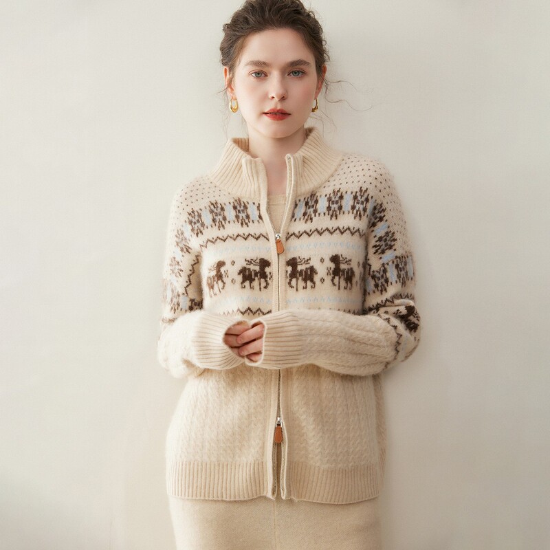 Retro Vintage Style Thick Cashmere Sweater Coat Fair Isle Sweater Stand Collar Zipper Cardigan Women's Lp Same Style Wool Sweater Retro Vintage Style Thick Cashmere Sweater Coat Fair Isle Sweater Stand Collar Zipper Cardigan Women's Lp Same Style Wool Sweater
