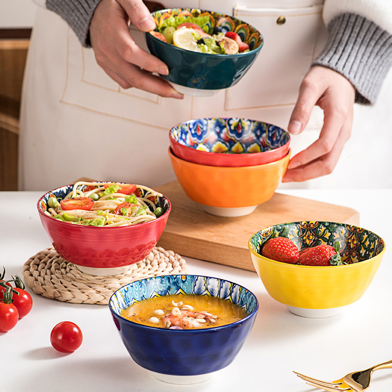 Cross-border bowls and suit vintage Bohemian tableware ceramic bowls and dishes rice bowls and large soup bowls and plates ceramic kitchen household