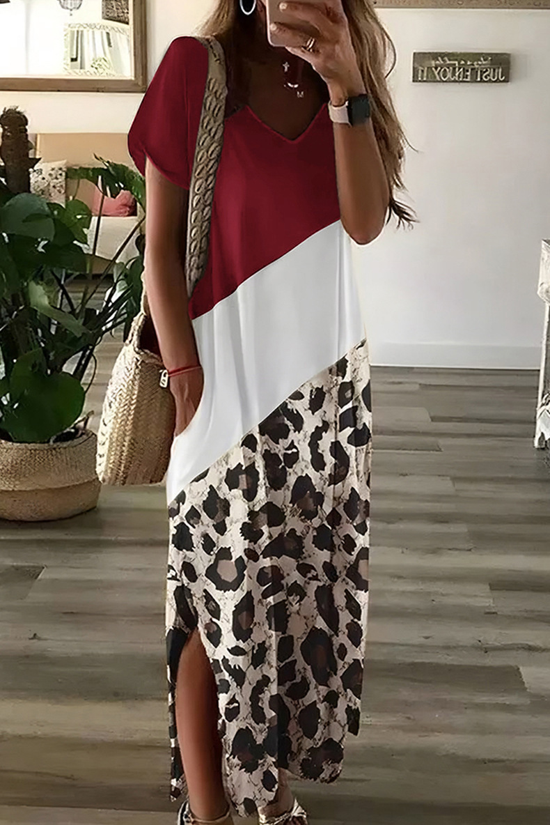 Frau Kleid Mit Schlitz Lässig Ferien Rundhals Kurzarm Farbblock Leopard Maxi Langes Kleid Ferien display picture 3