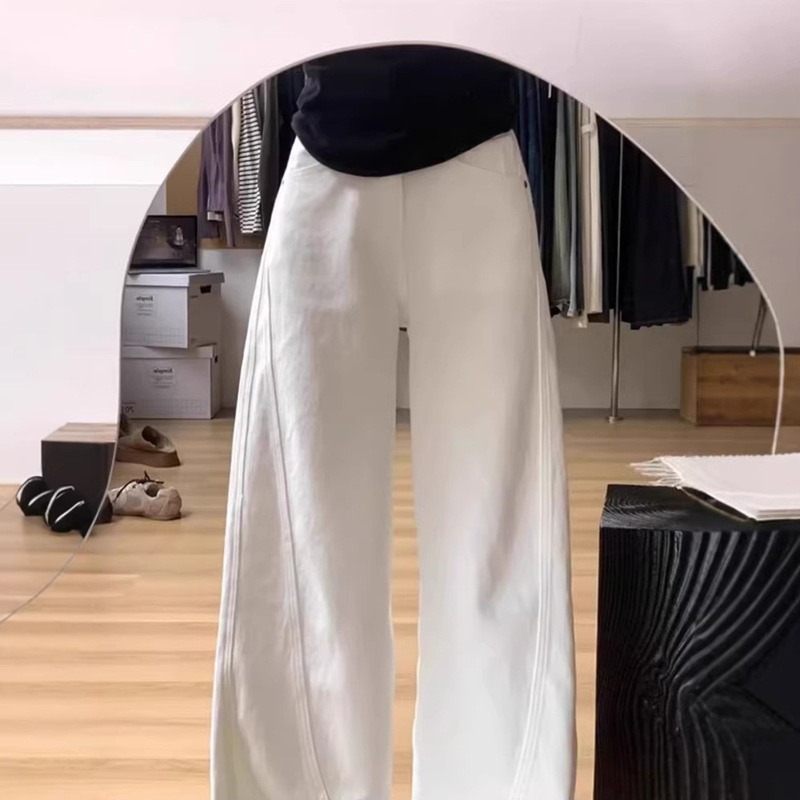 White Women's Pants with a Loose Design, 2026 Spring/Summer New High-Waisted Drapey Floor-Length Wide-Leg Scimitar Jeans