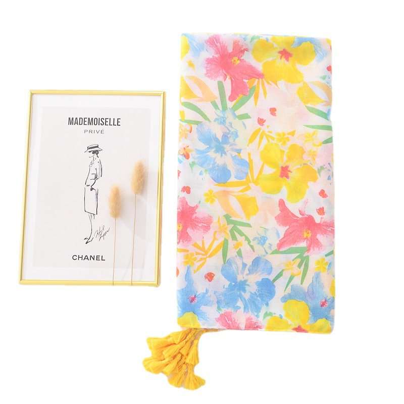 Primavera impresa bufanda de seda de las mujeres de color brillante todo fósforo protector solar chal hojas amarillas flor espiga algodón y lino sensación bufanda