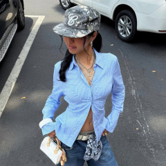 高街美式露背镂空设计收腰衬衫休闲辣妹女装条纹长袖开衫衬衣新款