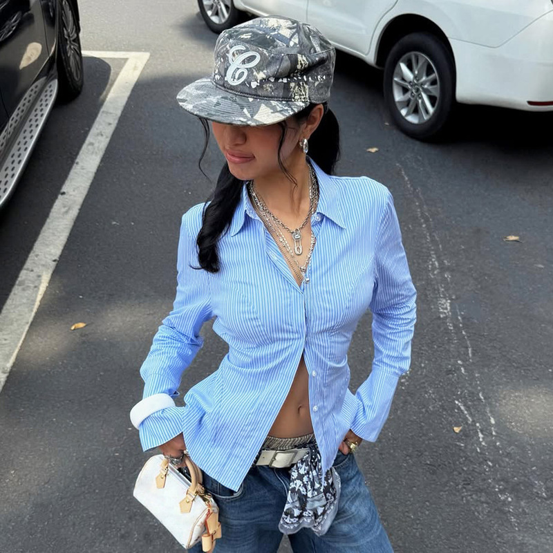 高街美式露背镂空设计收腰衬衫休闲辣妹女装条纹长袖开衫衬衣新款|undefined