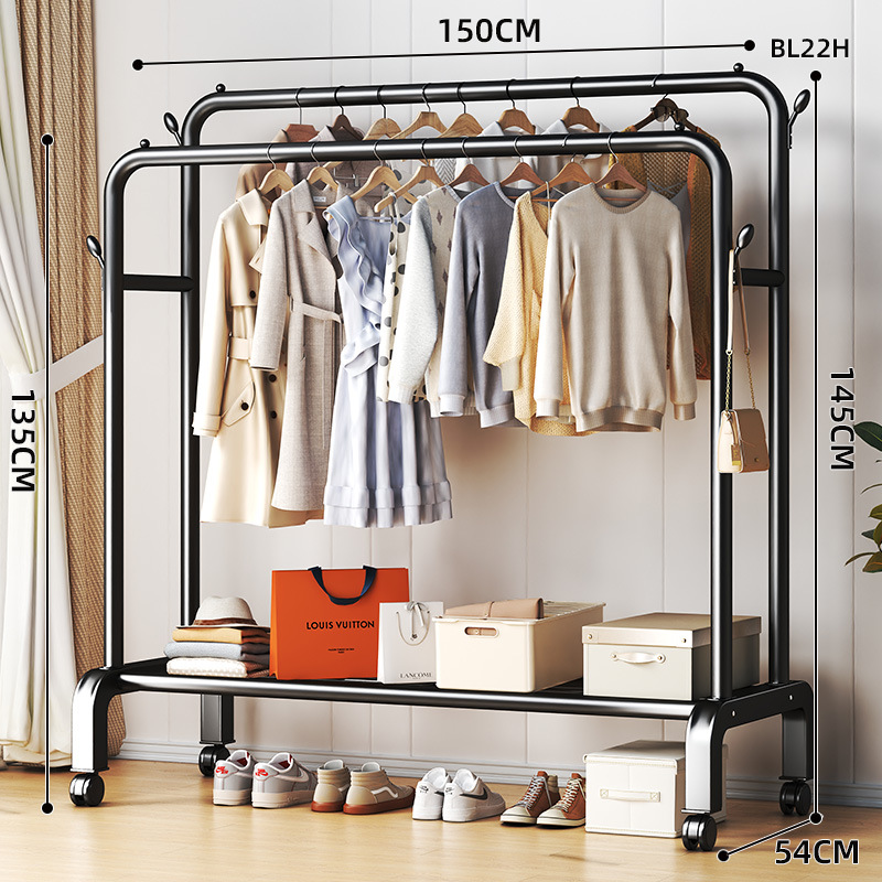 이중 극 150cm 검정색 바퀴가 달린 수납 선반 옷걸이 4개