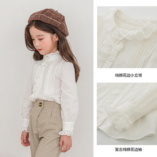 Girls' White Shirt New Kidsren's Clothing Korean Style Shirt Long-Sleeved Pure Cotton Kidsren's Baby Doll Shirt Girls' Bottoming Shirt