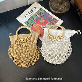 2025新款木环网袋有内衬迷你棉绳镂空手提手工草编织袋沙滩女包包