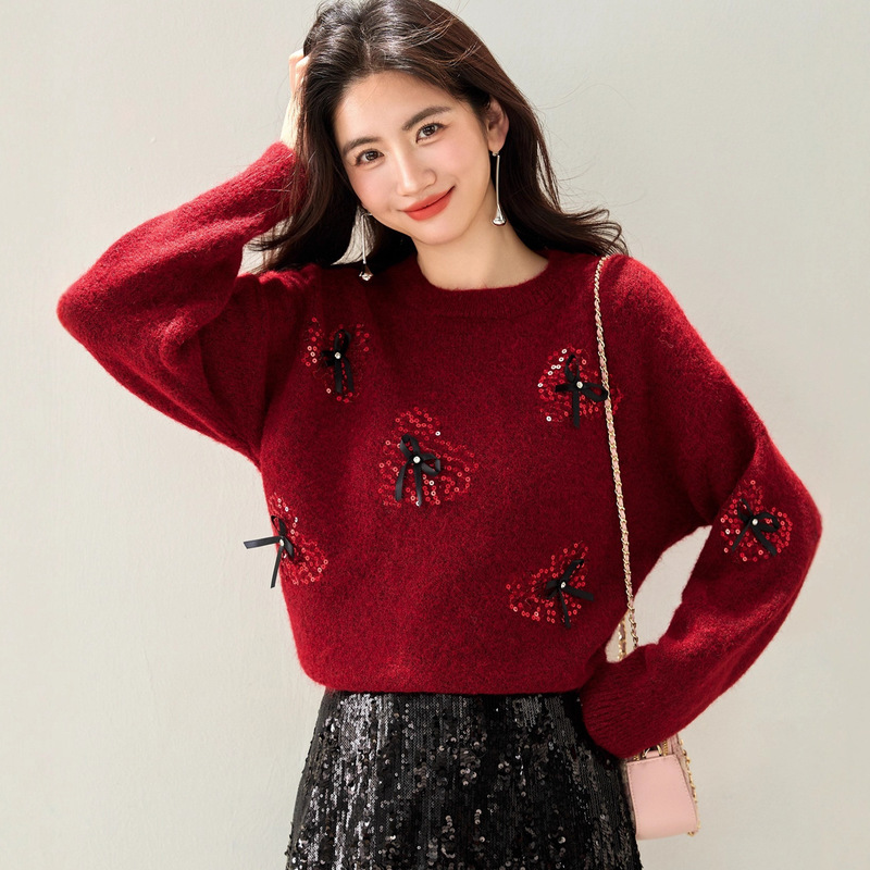 R9039 Shopee Taiwan Heavy Industry Bowknot Sequin Christmas Red Sweater Women's Autumn and Winter Knitted Base Shirt R9039 Shopee Taiwan Heavy Industry Bowknot Sequin Christmas Red Sweater Women's Autumn and Winter Knitted Base Shirt
