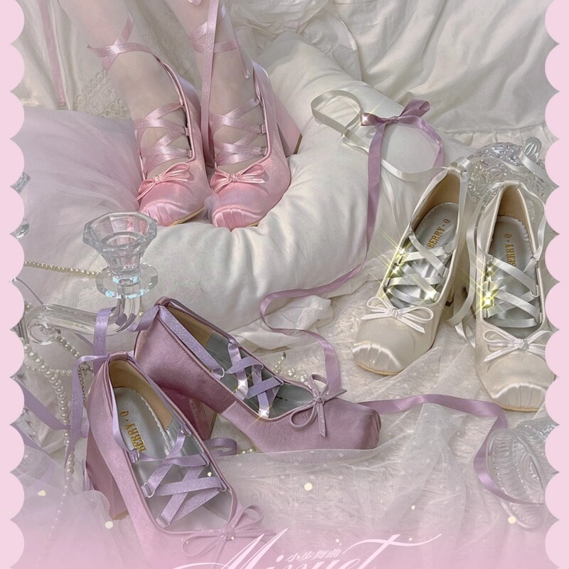 Satin Ribbon High Heels 2024 New Ballet French Girl Bow Cross Lace-up Mary Jane Shoes Pumps