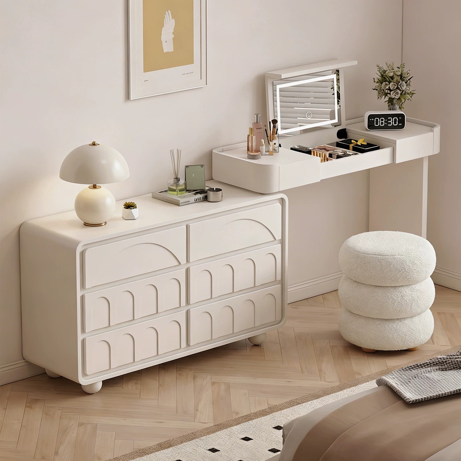 2026 nuevo estilo de dormitorio al final de la cama de la mesa de maquillaje estilo crema armario de almacenamiento