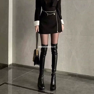 弹力靴过膝长靴女秋冬季新款防水台厚底瘦瘦靴高跟皮靴高筒骑士靴