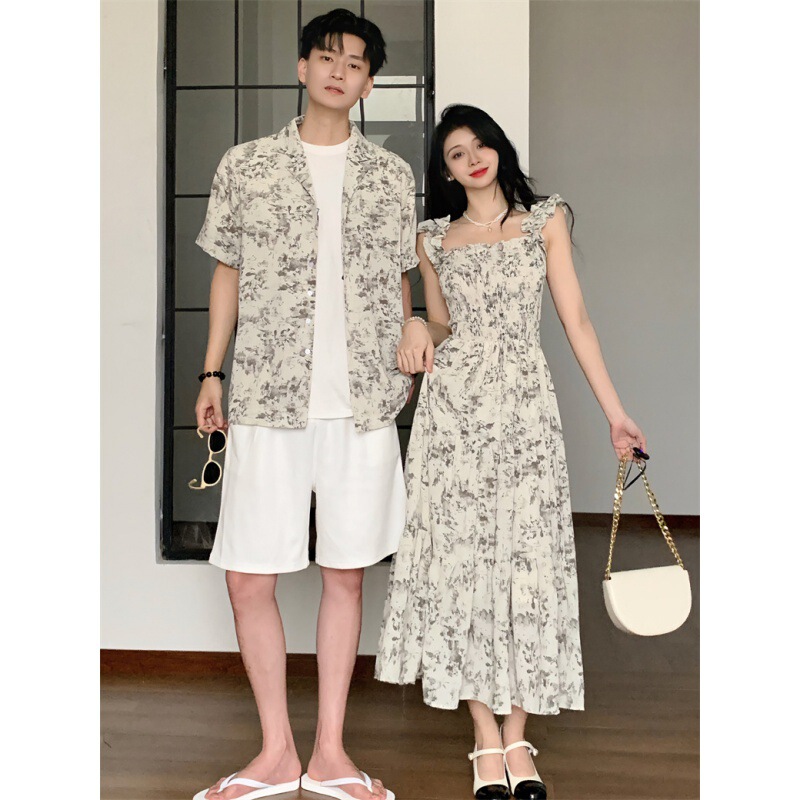 2024 Summer Couple Dress Beach Dress Slim-fit Elegant dress Men's Floral Shirt Short-sleeve