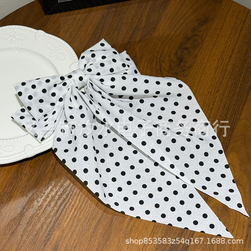 复古圆点三色黑色白色红色双层蝴蝶结长飘带发夹发饰女后脑勺发卡|undefined