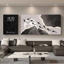 黑白灰客厅装饰画轻奢九鱼图沙发背景墙挂画高级感电子钟两联壁画