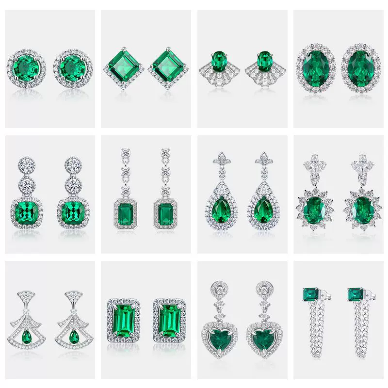 欧美风培育祖母绿耳环套装S925纯银耳环女轻奢高级感耳饰批发定制