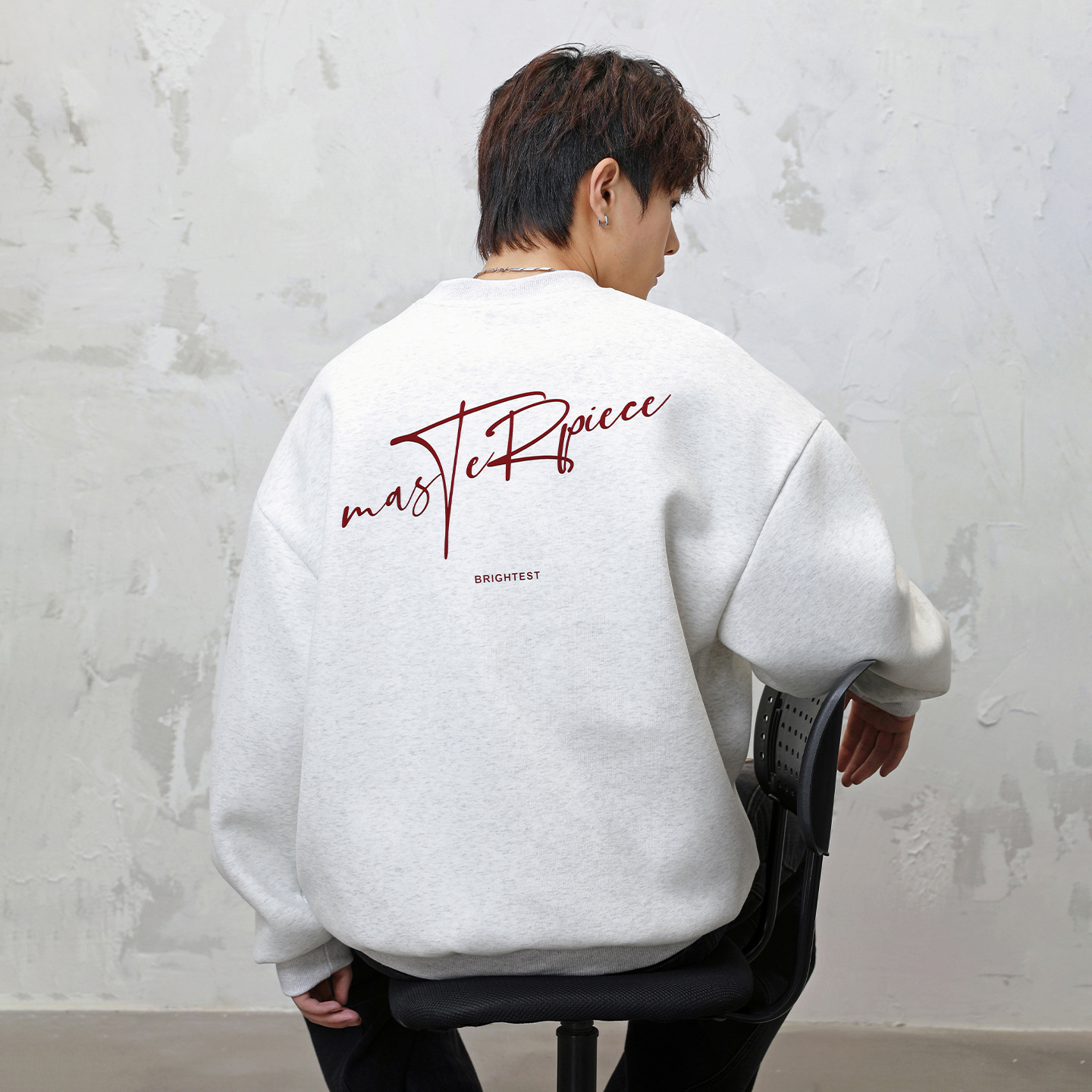 Monochrome Man- 380G Heavyweight Textured Crew Neck Sweatshirt For Men, Autumn New Color-Block Letter Print Trendy Loose Pullover Jacket_voghion.com