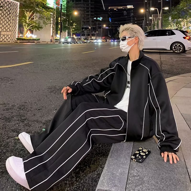 High-end ruoshuai casual sports suit men's loose design cardigan jacket wide-leg pants with two-piece suit fashion