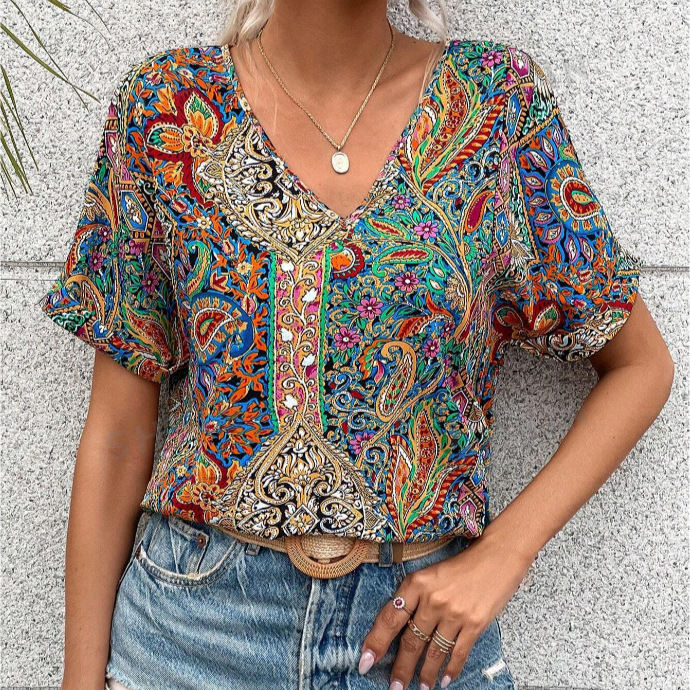 Amazon European and American Women's Batwing Sleeve Short-Sleeve Western Style Trendy Printed Loose Top Versatile Retro Style