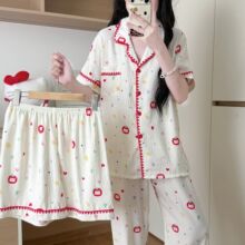 云朵棉睡衣女夏季月牙开衫翻领短袖三件套甜美卡通薄款可外穿家居