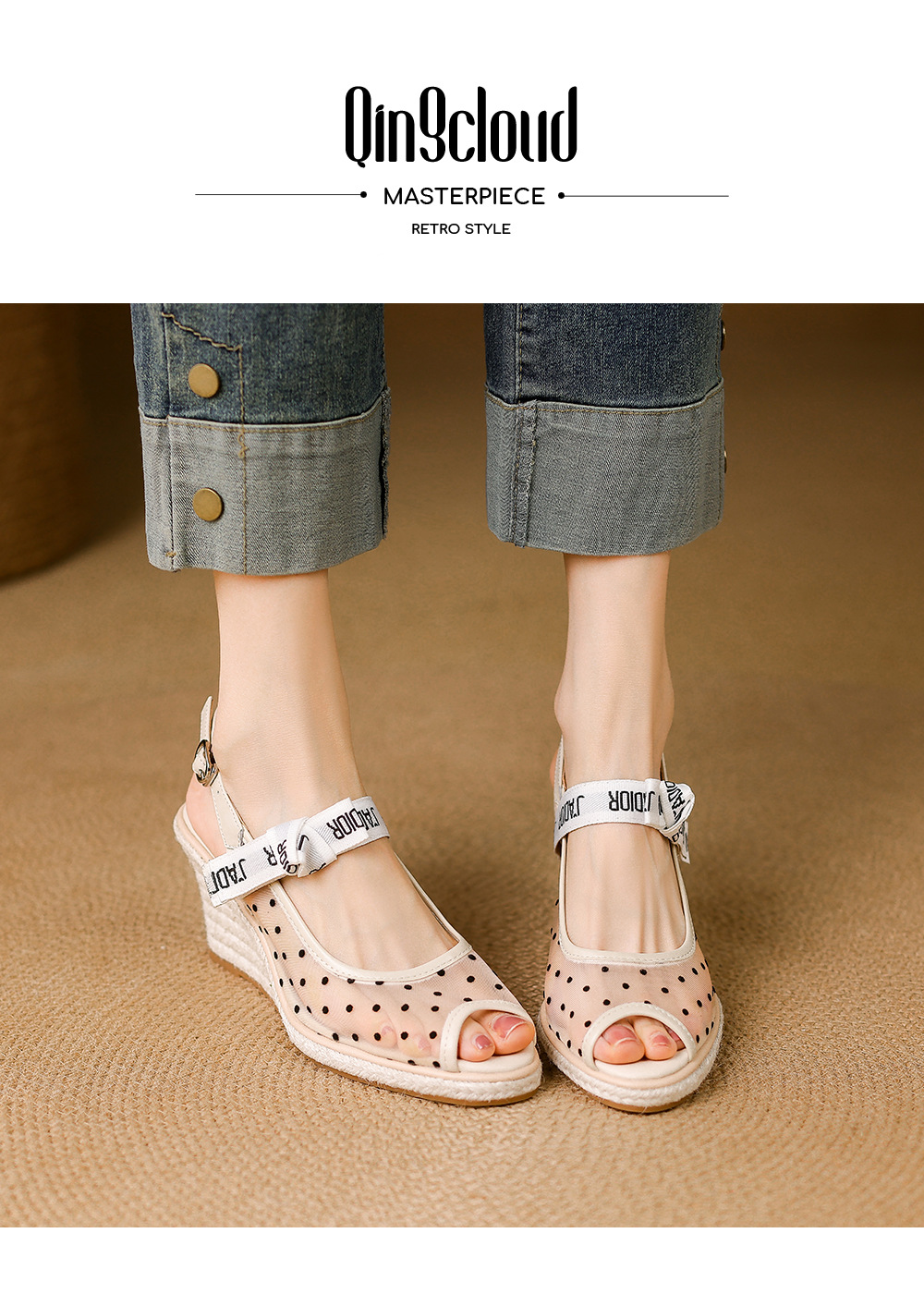 Sandal cao gót nữ hở mũi phong cách nghỉ dưỡng, đế xuồng đan rơm, quai một dây ngang, gót 9 cm — màu trắng ngà, chấm bi be chi tiết 1